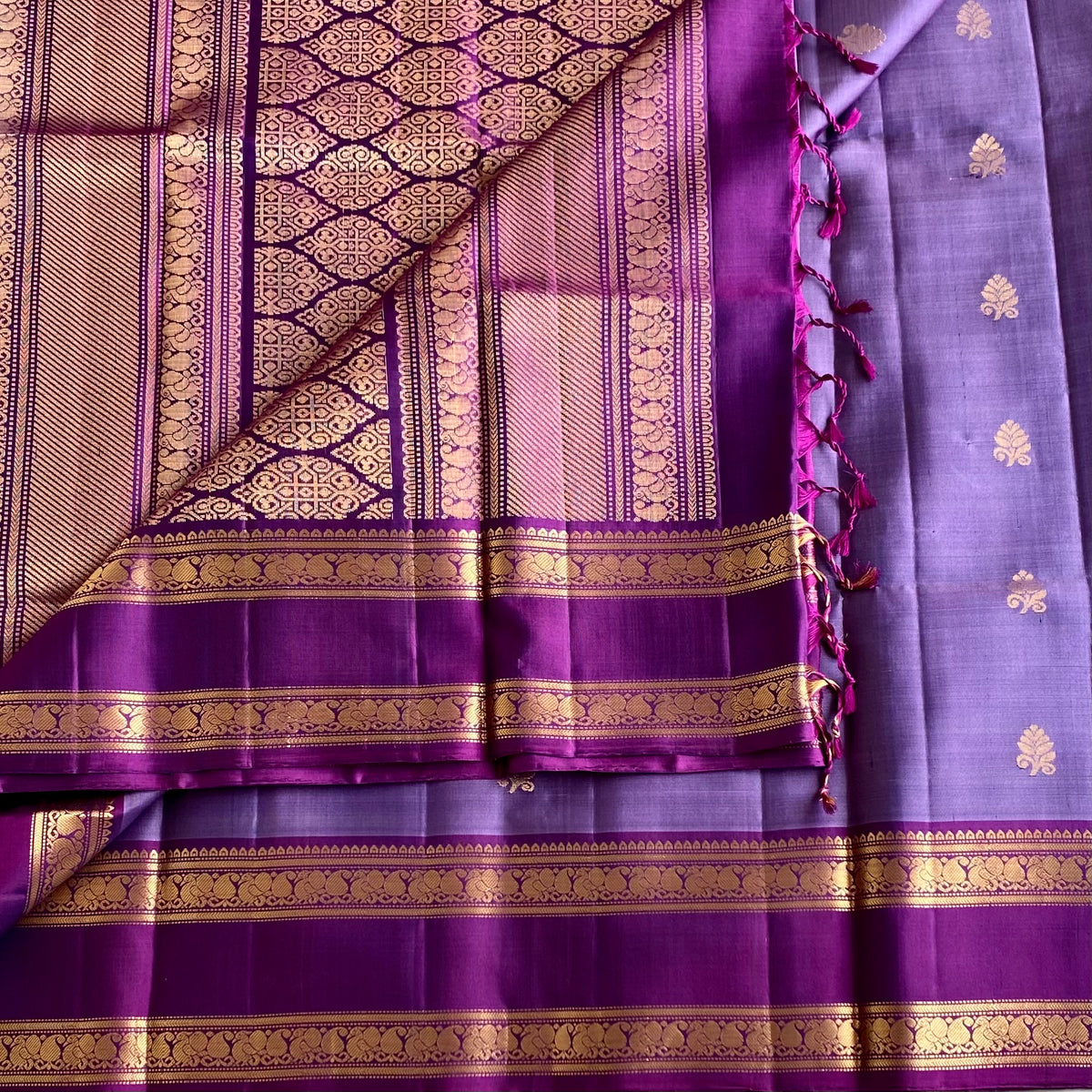 Lavender Purple Designer Pure Silk Saree With Deep Purple Pallu
