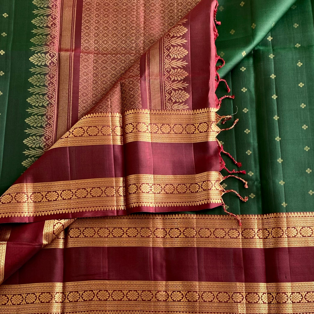 Bottle Green Designer Pure Silk With Deep Maroon Retta Petta Border