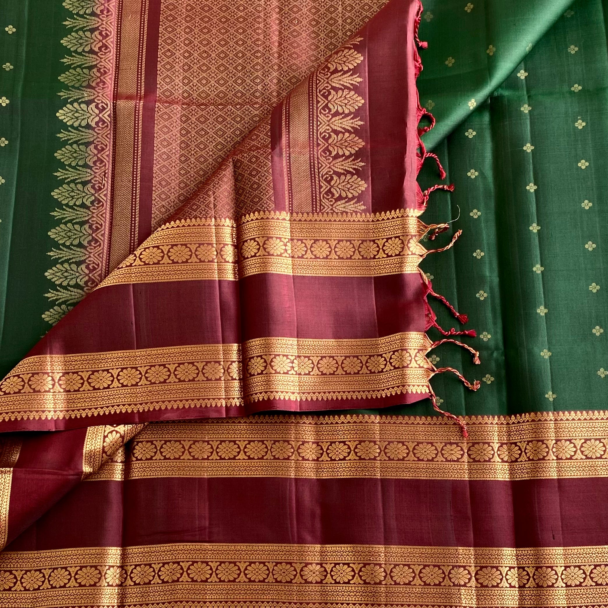 Bottle Green Designer Pure Silk With Deep Maroon Retta Petta Border