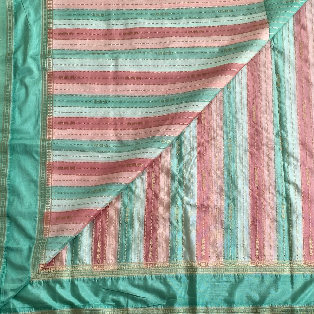 Mint Green And Peach Striped Soft Tussar Silk Saree With Dusty Rose Pallu