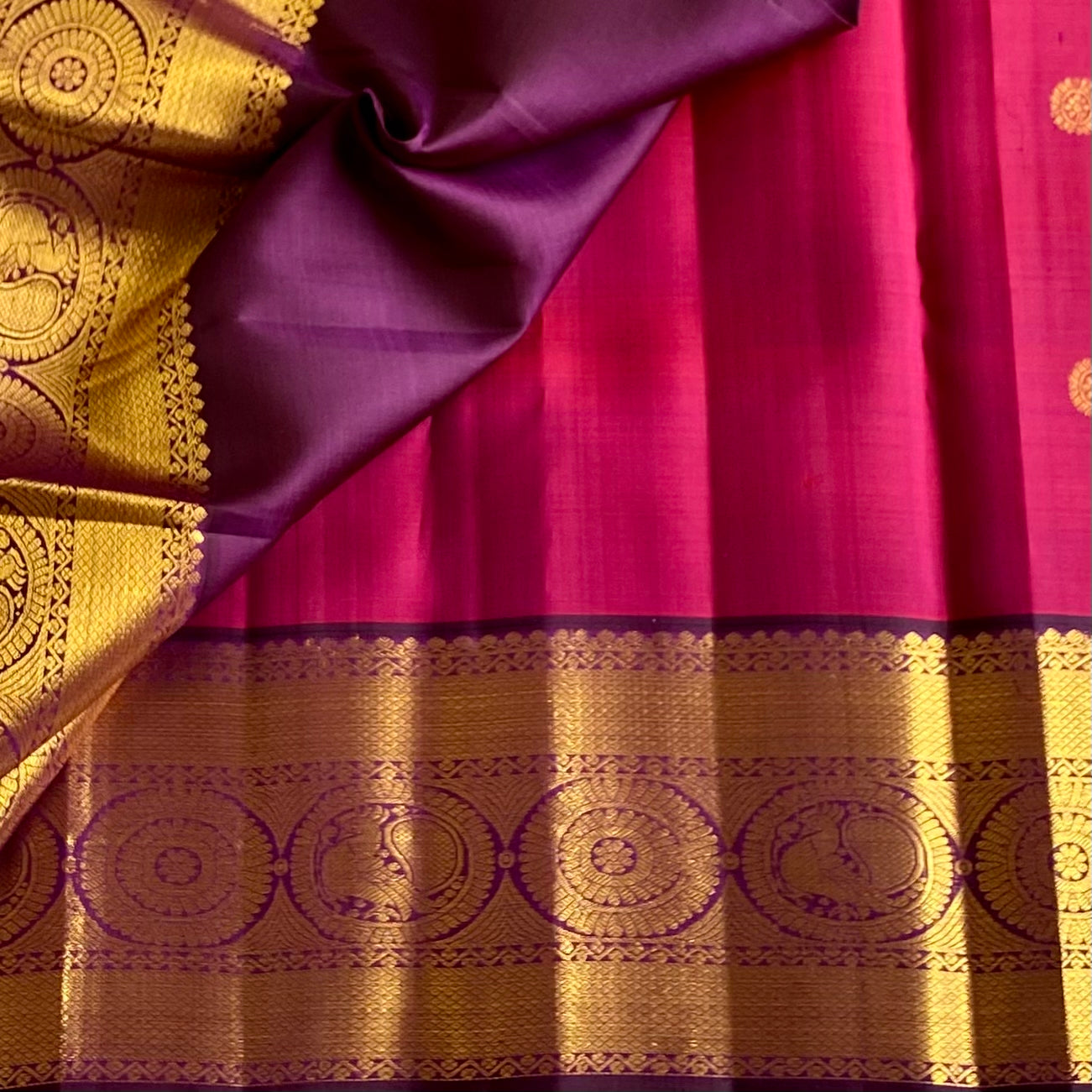 Raspberry Pink With Royal Wine Purple Designer Kanjeevaram Pure Zari Silk