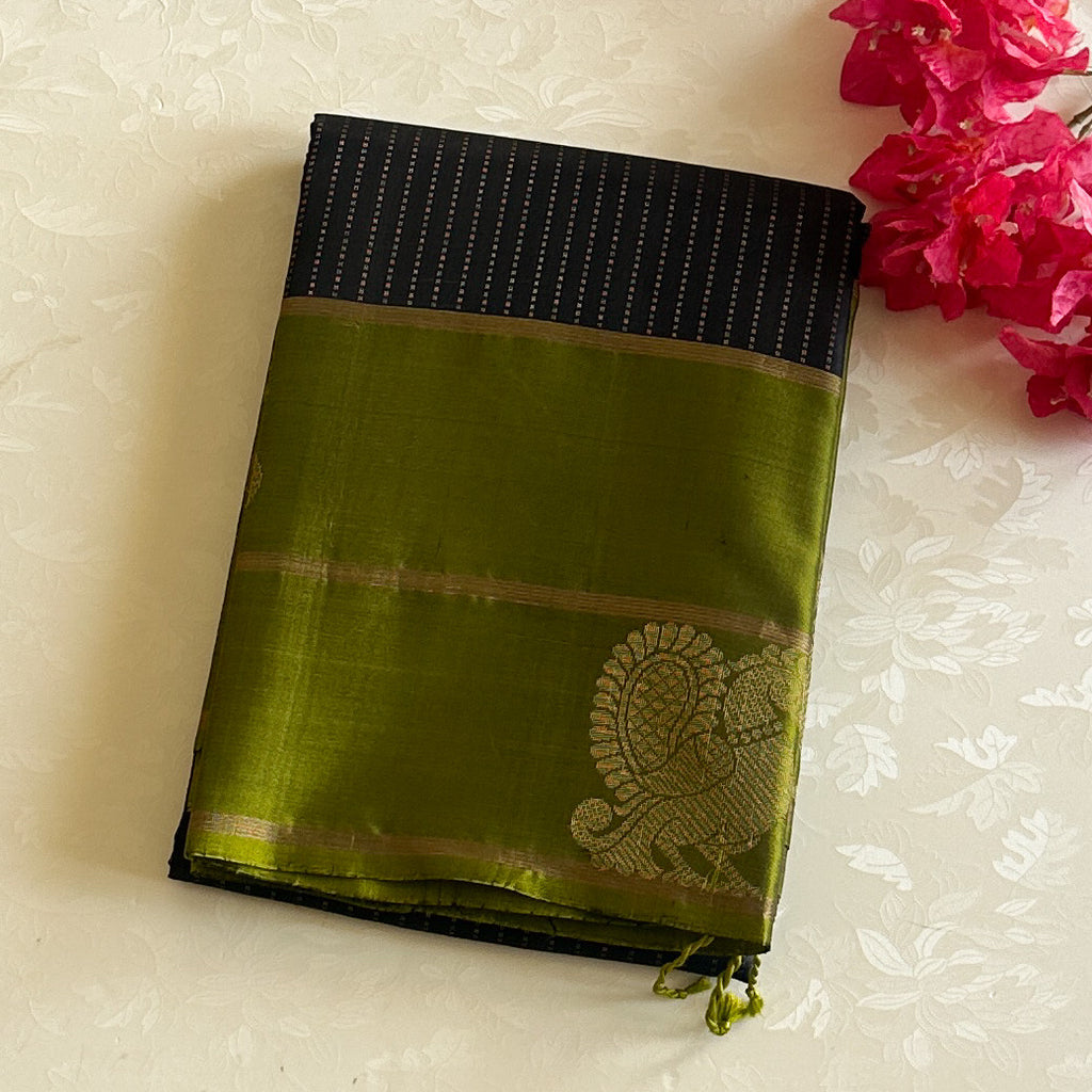 Charcoal Grey Silk Saree Chartreuse Green Pallu Gold Motifs Traditional