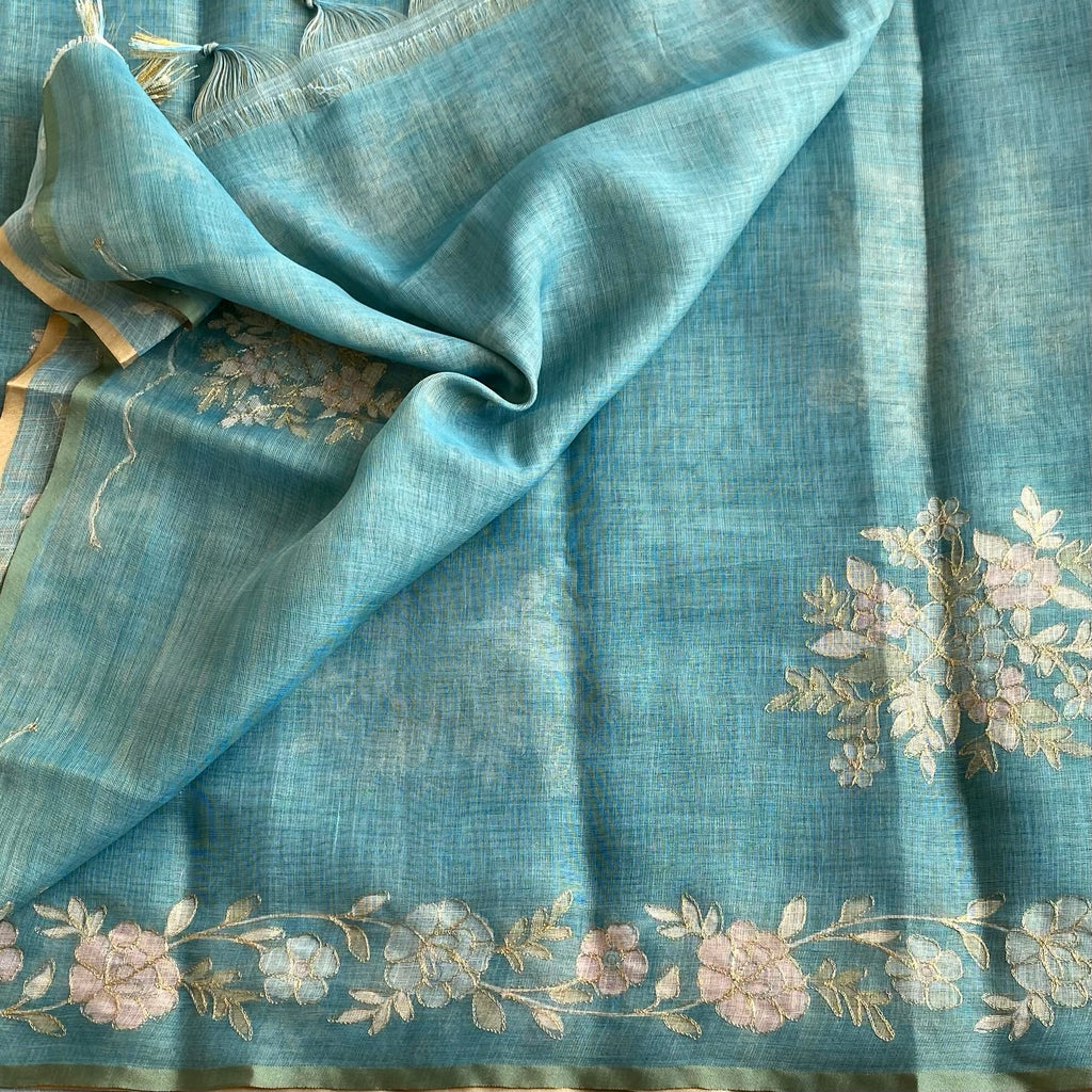 Teal Blue Soft Linen Tussar Saree With Pale Pink Embroidery