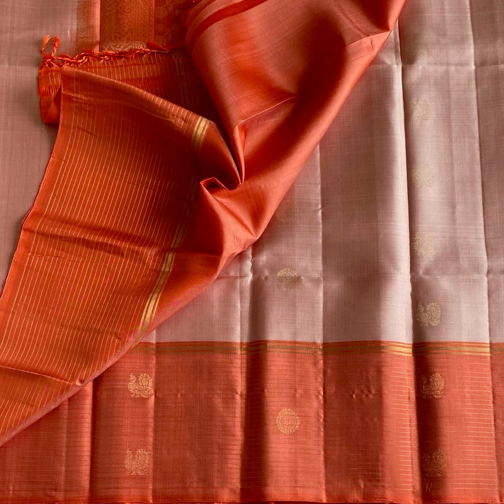 Burnt Orange Designer Pure Silk Saree With Dusty Rose Contrast