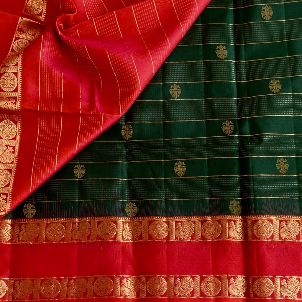 Deep Bottle Green Designer Pure Silk Saree With Kanakambari Contrast
