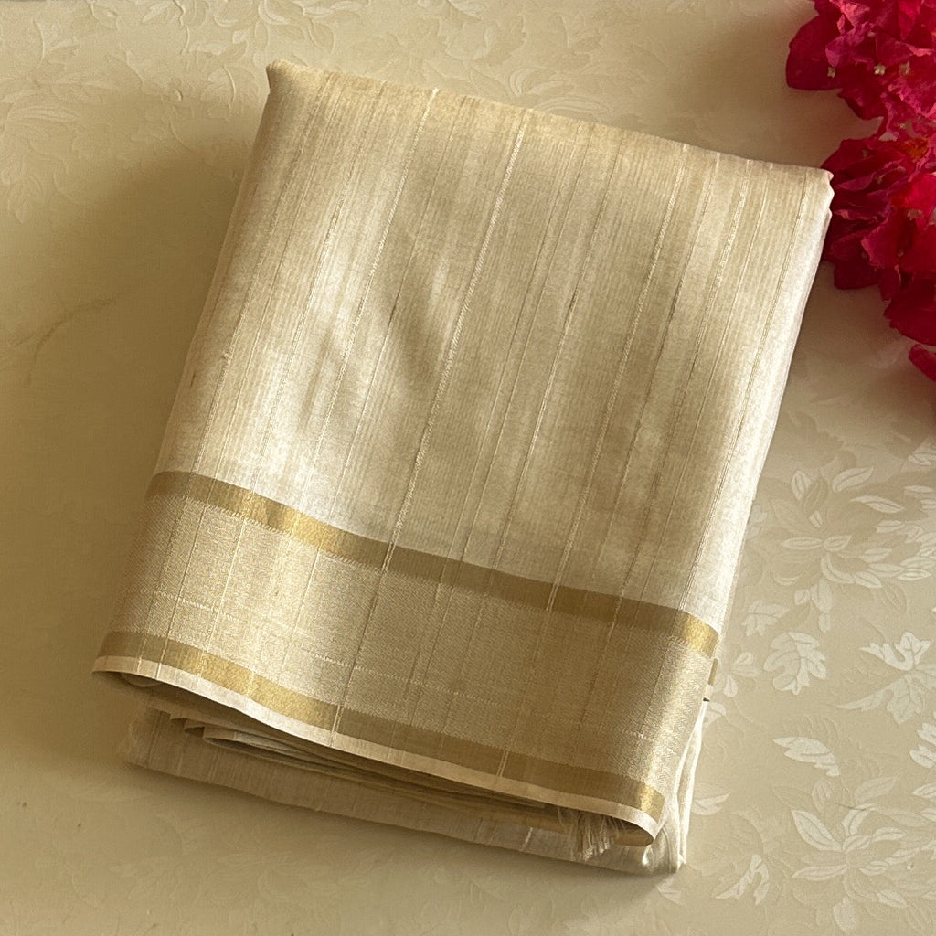 Elegant Ivory Silk Embroidered Saree With Gold Border Traditional Wear