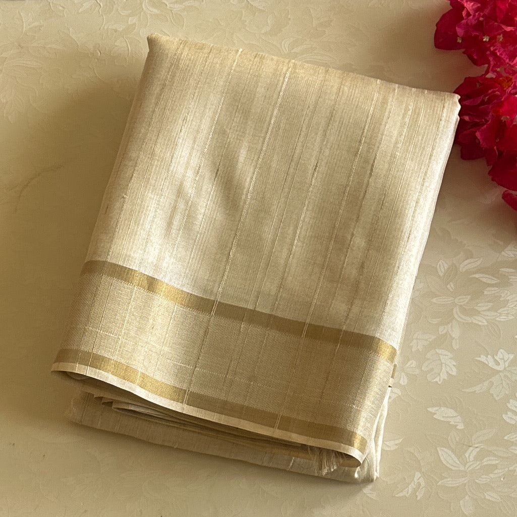 Elegant Ivory Silk Embroidered Saree With Gold Border Traditional Wear