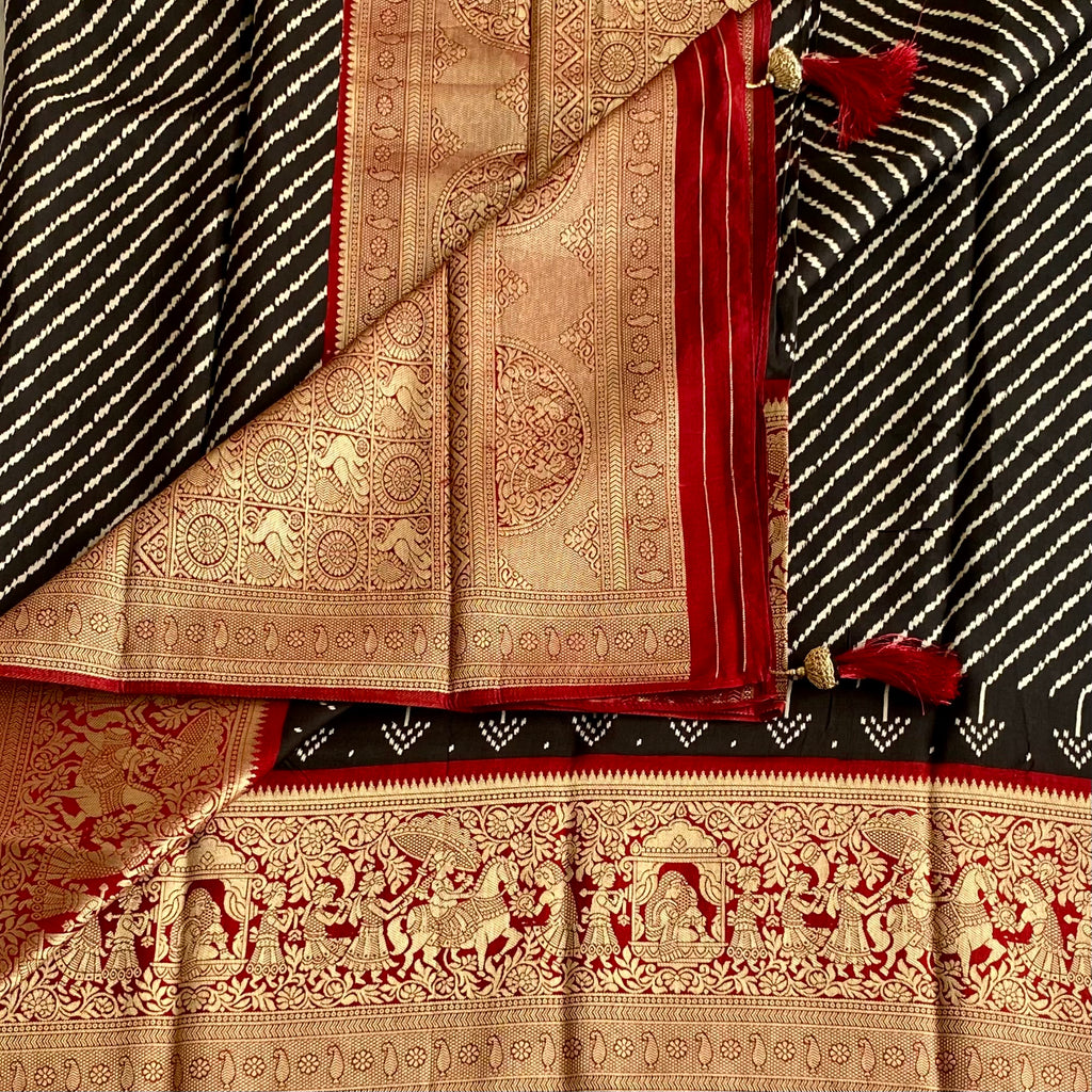 Jet Black Premium Soft Tussar Silk Saree With Deep Maroon Pallu