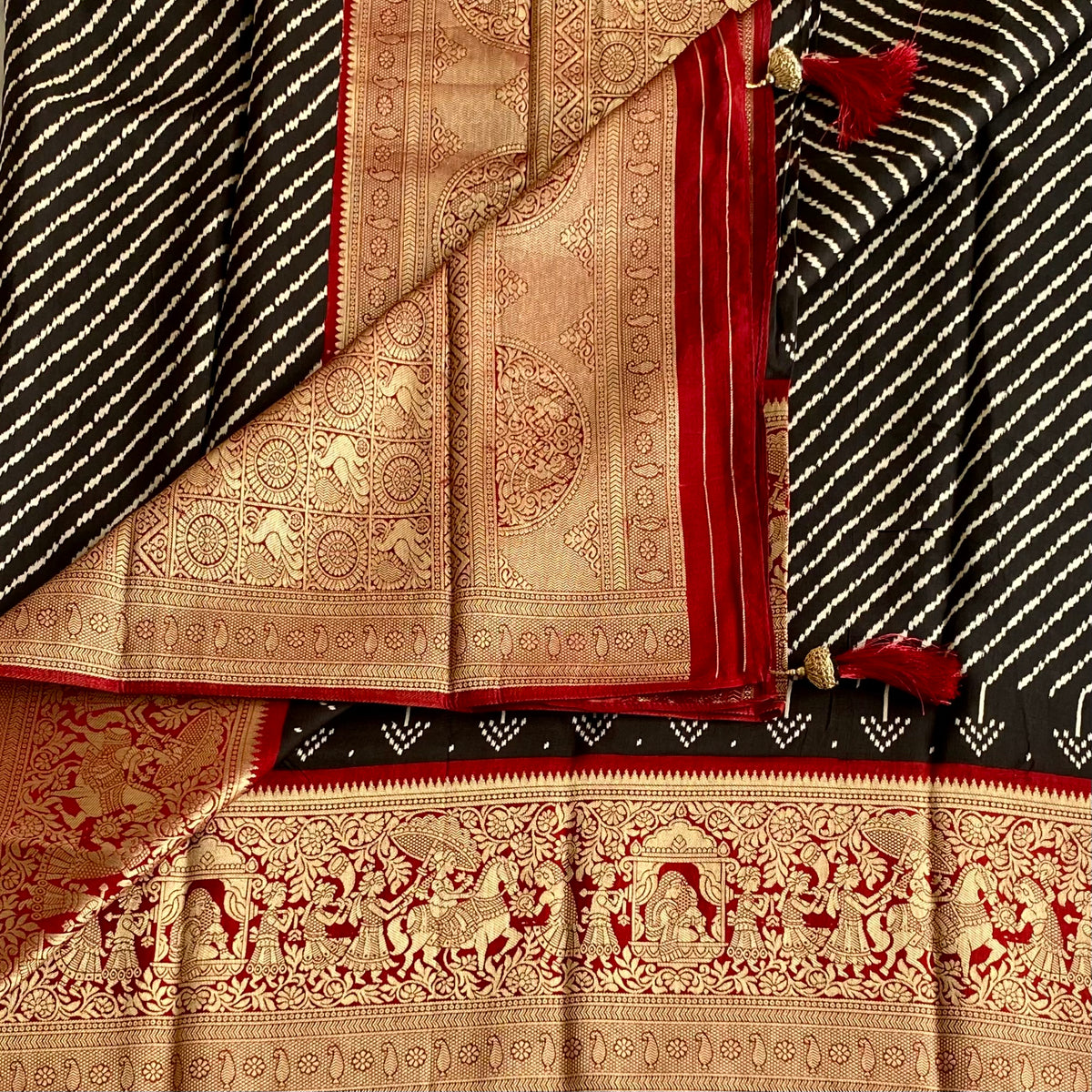 Jet Black Premium Soft Tussar Silk Saree With Deep Maroon Pallu