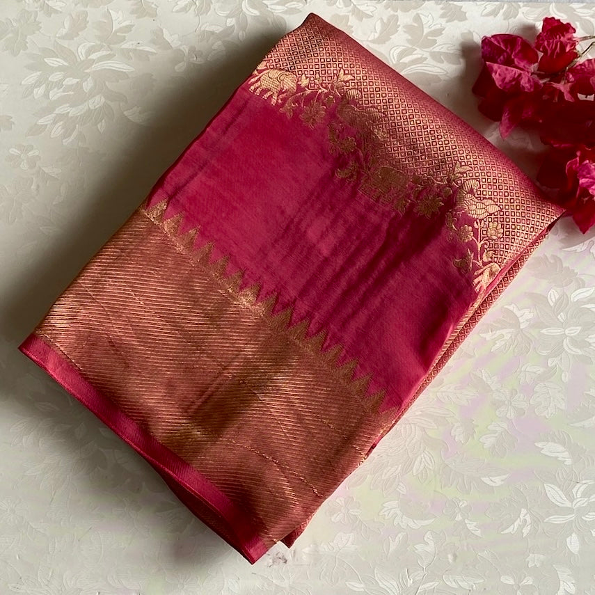 Rani Pink Soft Tussar Silk Saree With Antique Gold Zari Border