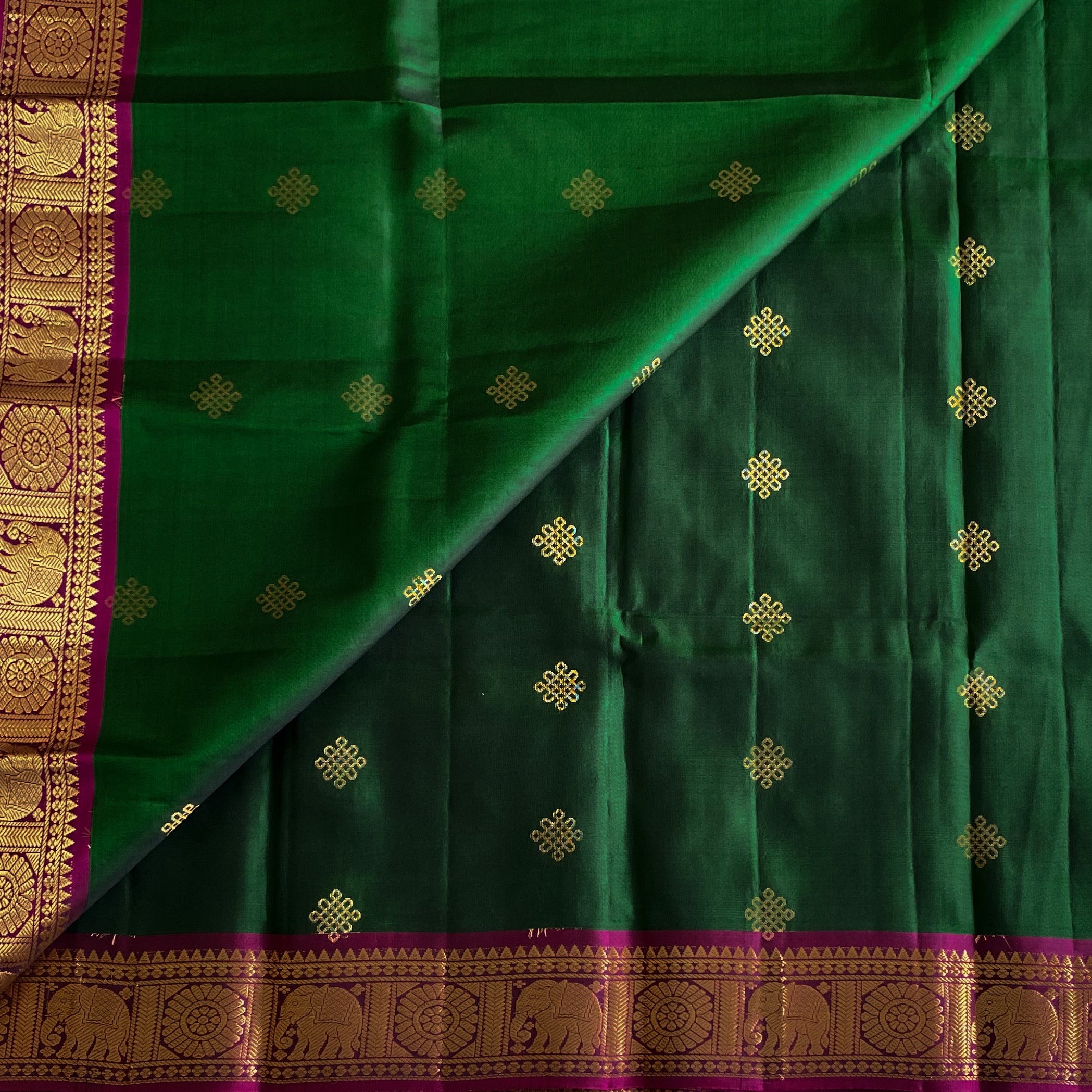 Emerald Green Silk Saree with Fuchsia Pallu Gold Zari Border