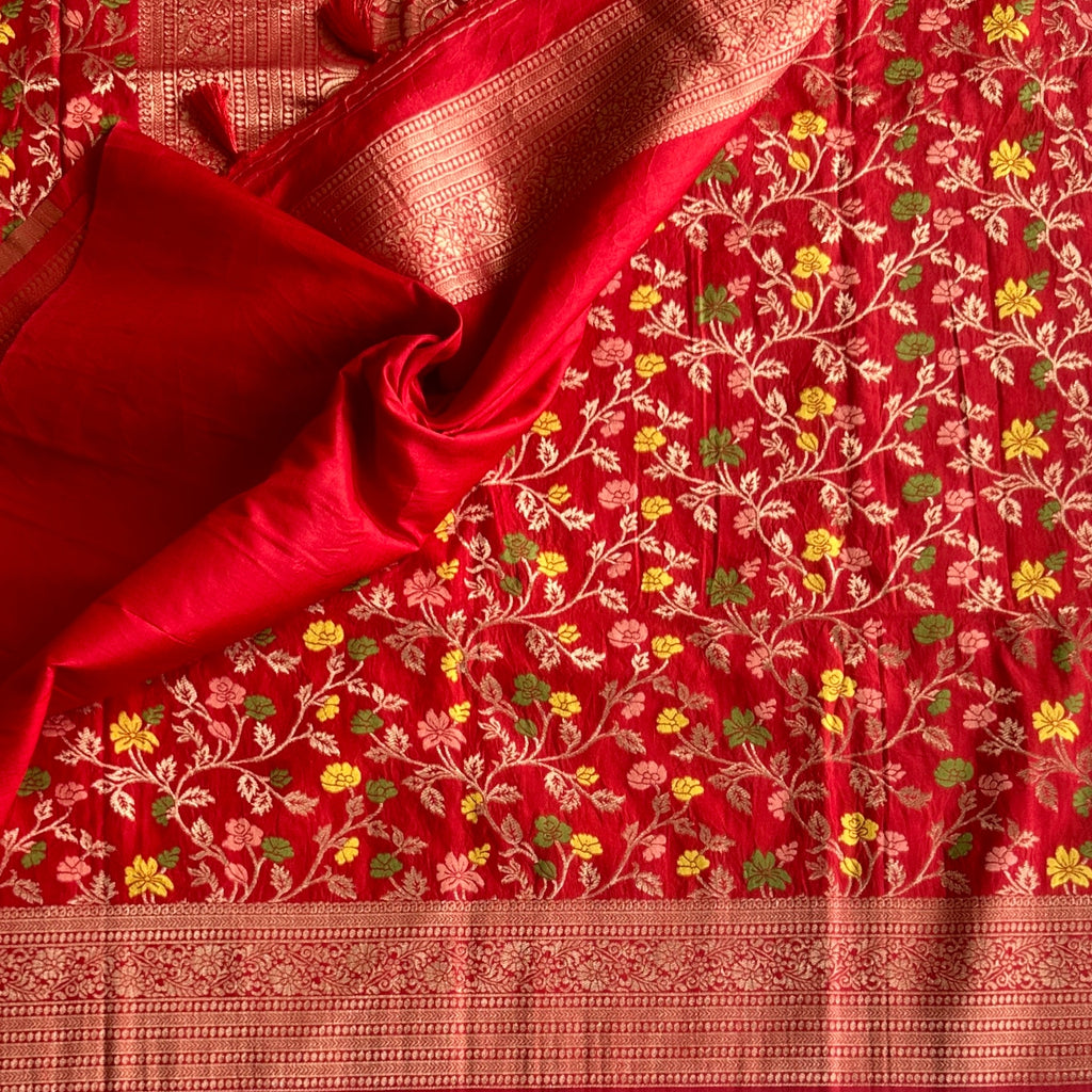 Lustrous Red Meenakari woven tussar with floral weave all over
