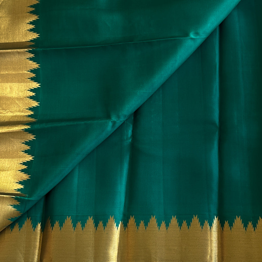 Teal Silk Saree Seafoam Pallu Gold Zigzag Border Traditional Festive