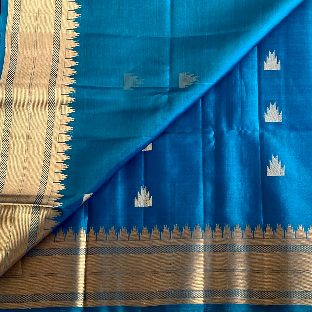 Peacock Blue Designer Pure Silk Saree With Antique Gold Border