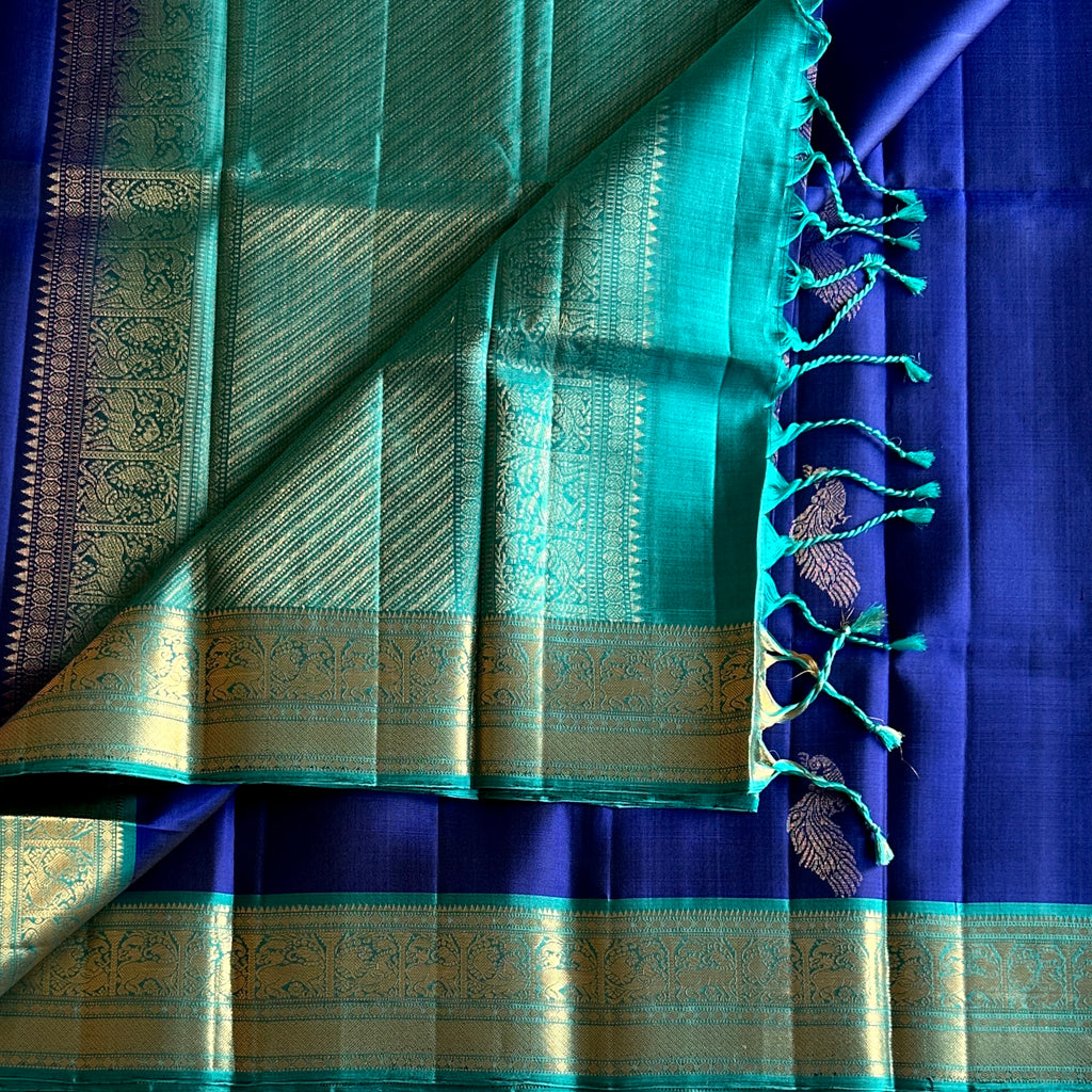 Teal Royal Blue Zari Woven Saree Floral Border Traditional Wedding
