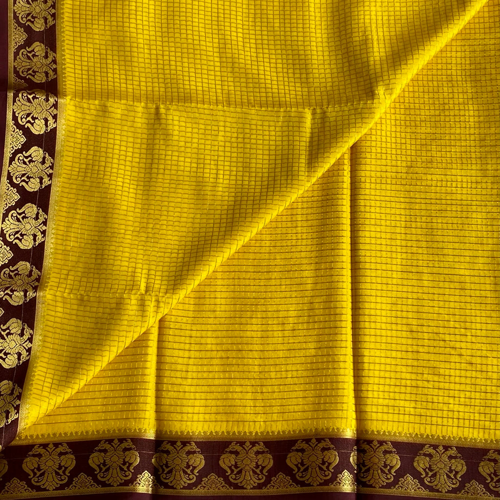 Mustard Yellow Mysore Crepe Silk With Deep Brown Gandaberunda Borders