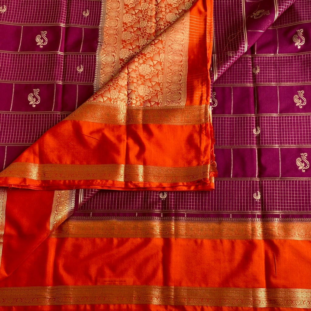 Vibrant Wine Soft Crepe Checkered Silk With Rust Orange Contrast