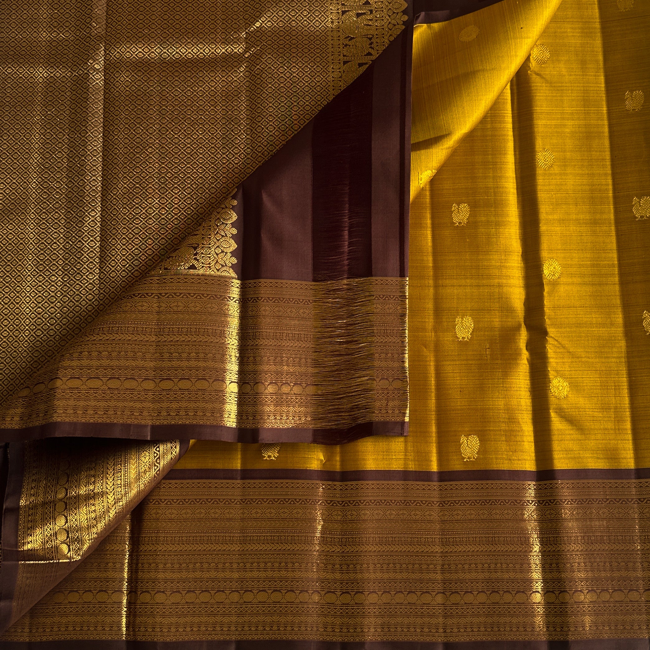 Mustard Pure Zari Kanjeevaram with Wine Zari Pallu and Broad Border
