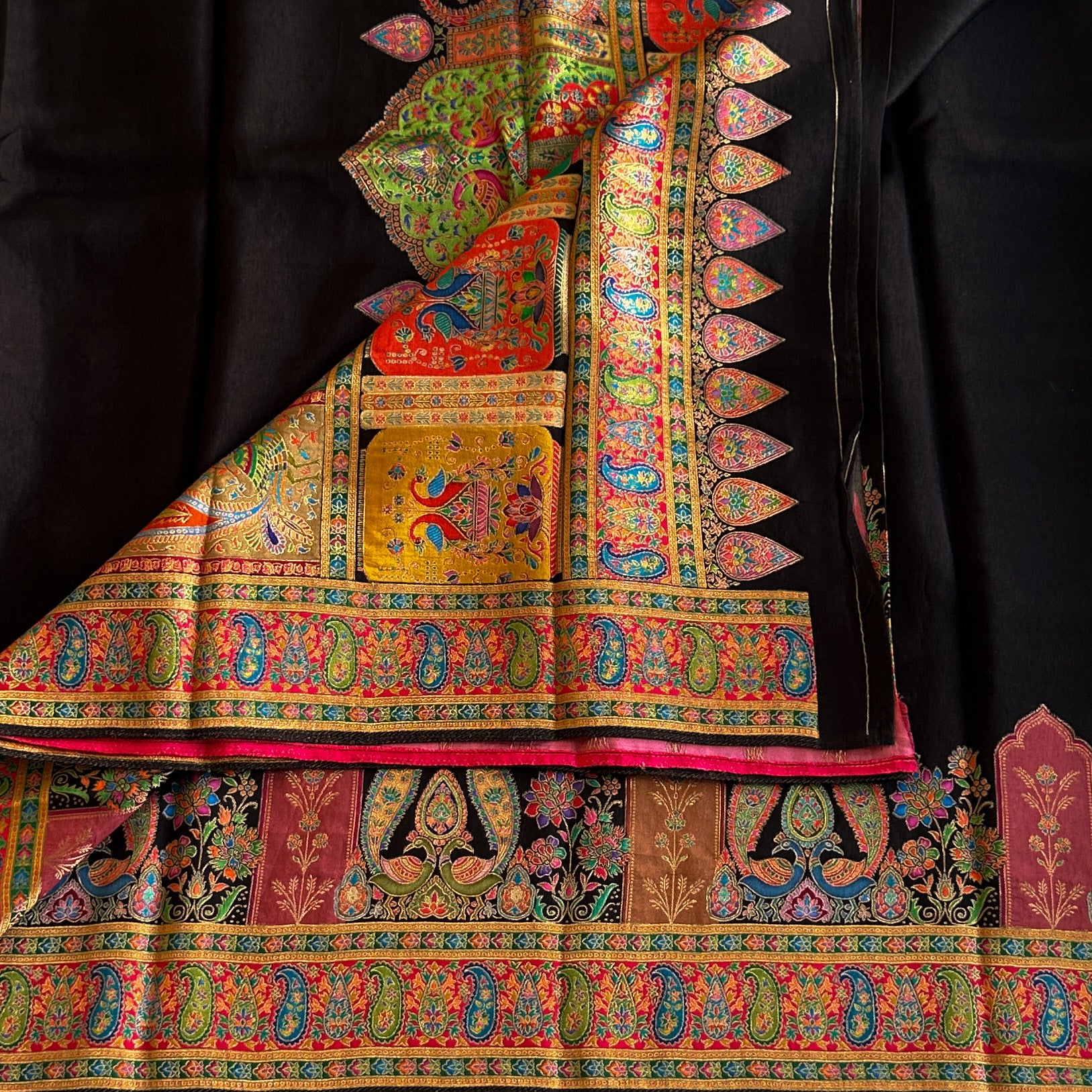 Black Silk Saree with Vibrant Paisley Border and Gold Zari