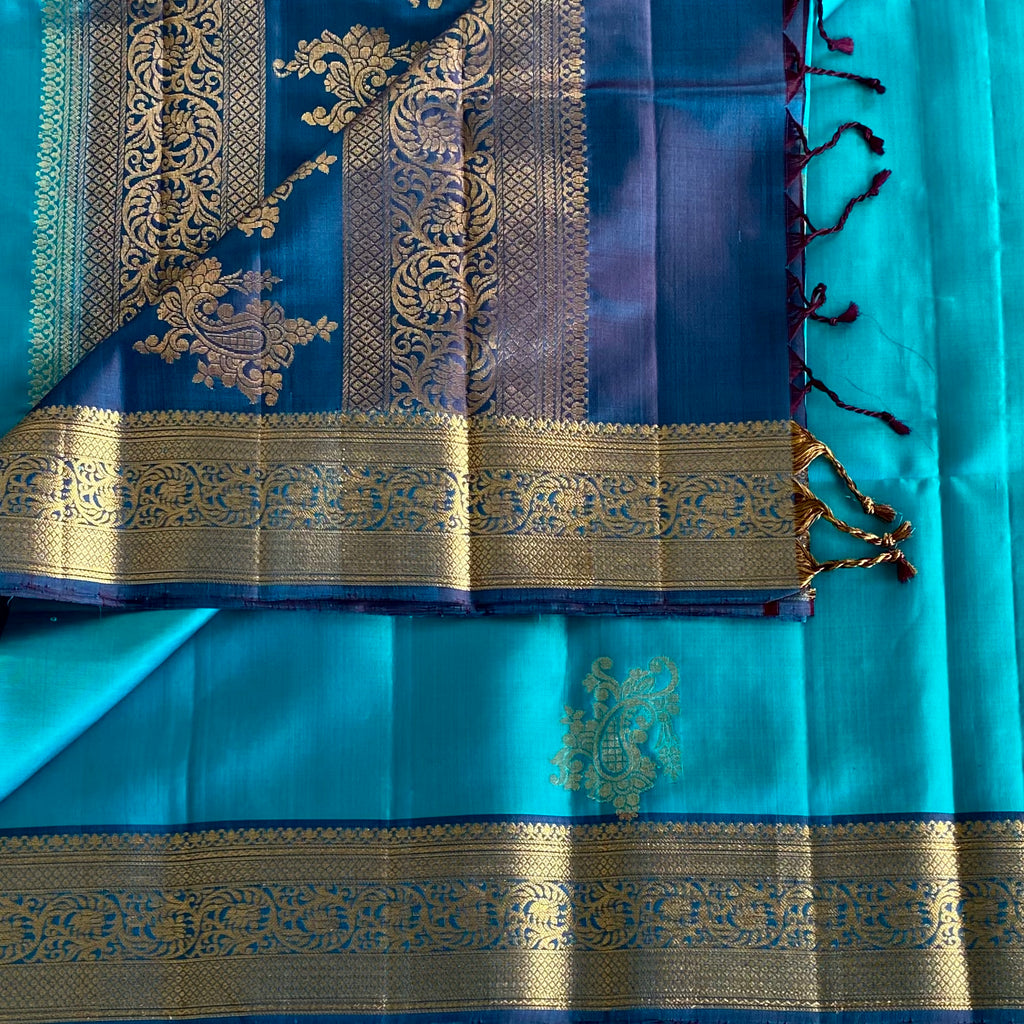 Designer Pure Silk Turquoise Saree With Peacock Blue Pallu Brocade Border