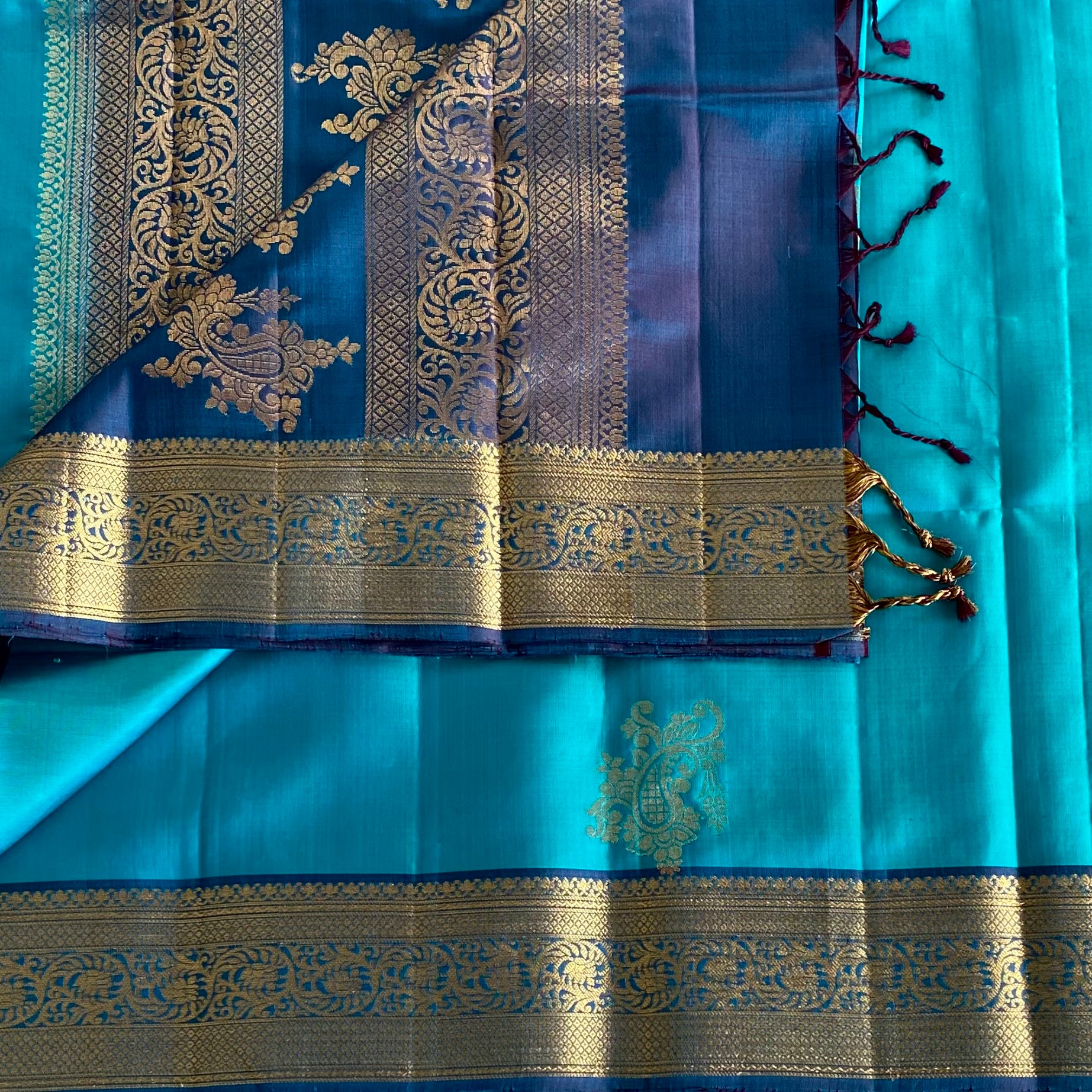 Designer Pure Silk Turquoise Saree With Peacock Blue Pallu Brocade Border