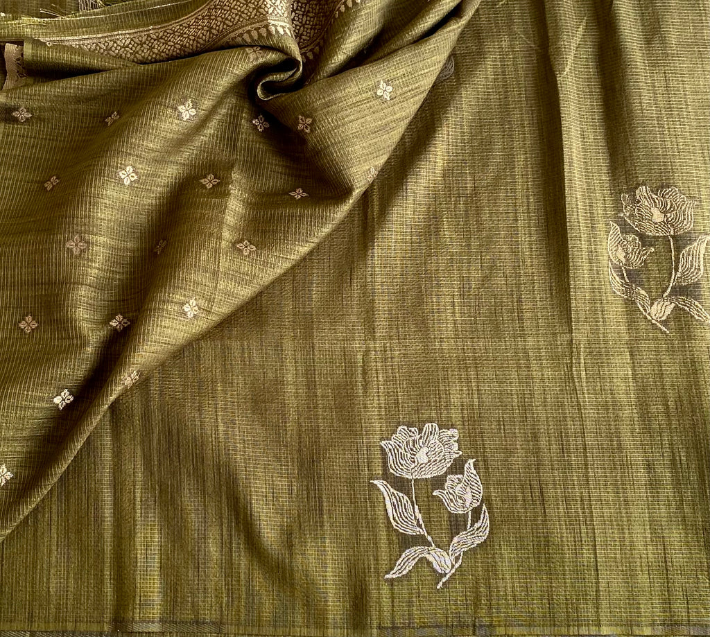 Olive Green Soft Tussar Cotton Saree With Metallic Gold Pallu