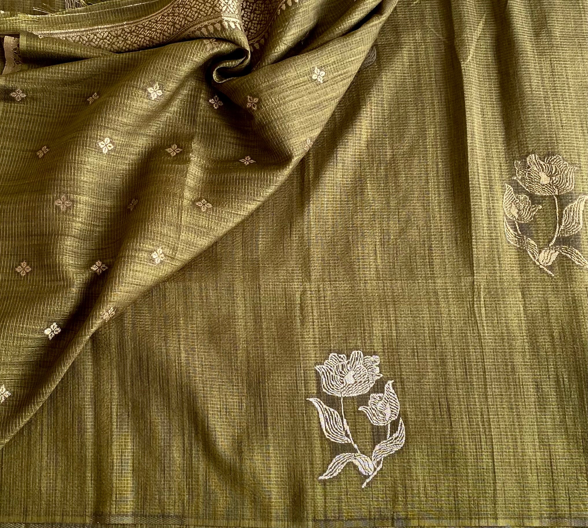 Olive Green Soft Tussar Cotton Saree With Metallic Gold Pallu