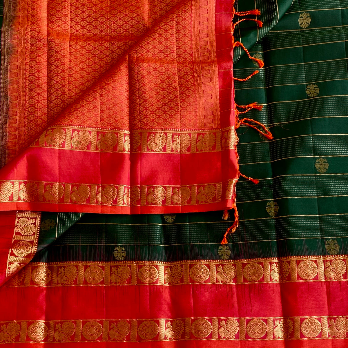 Deep Bottle Green Designer Pure Silk Saree With Kanakambari Contrast