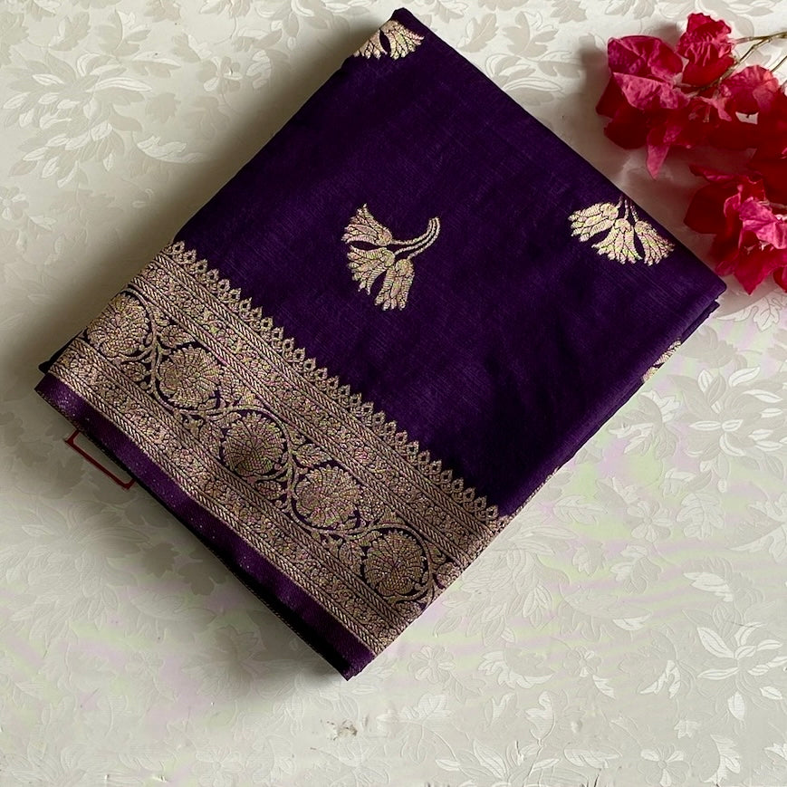 Royal Purple Soft Tussar Silk Saree With Metallic Gold Brocade Pallu