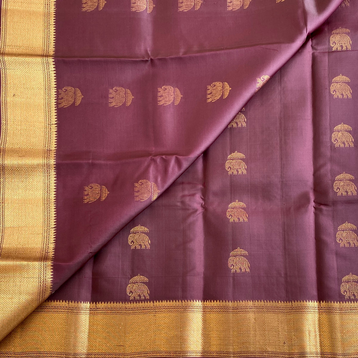 Deep Plum Designer Pure Silk Saree With Antique Gold Elephant Pallu