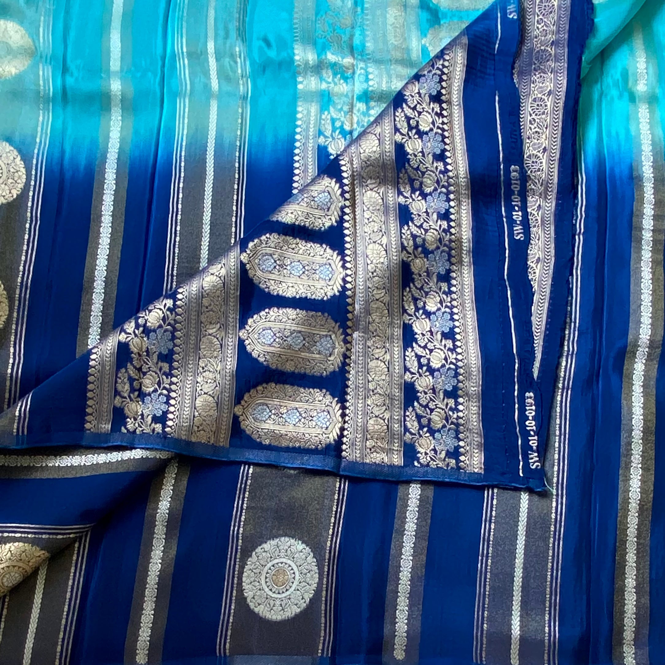 Ombre Sea blue with royal blue  soft satin crepe with zari woven work