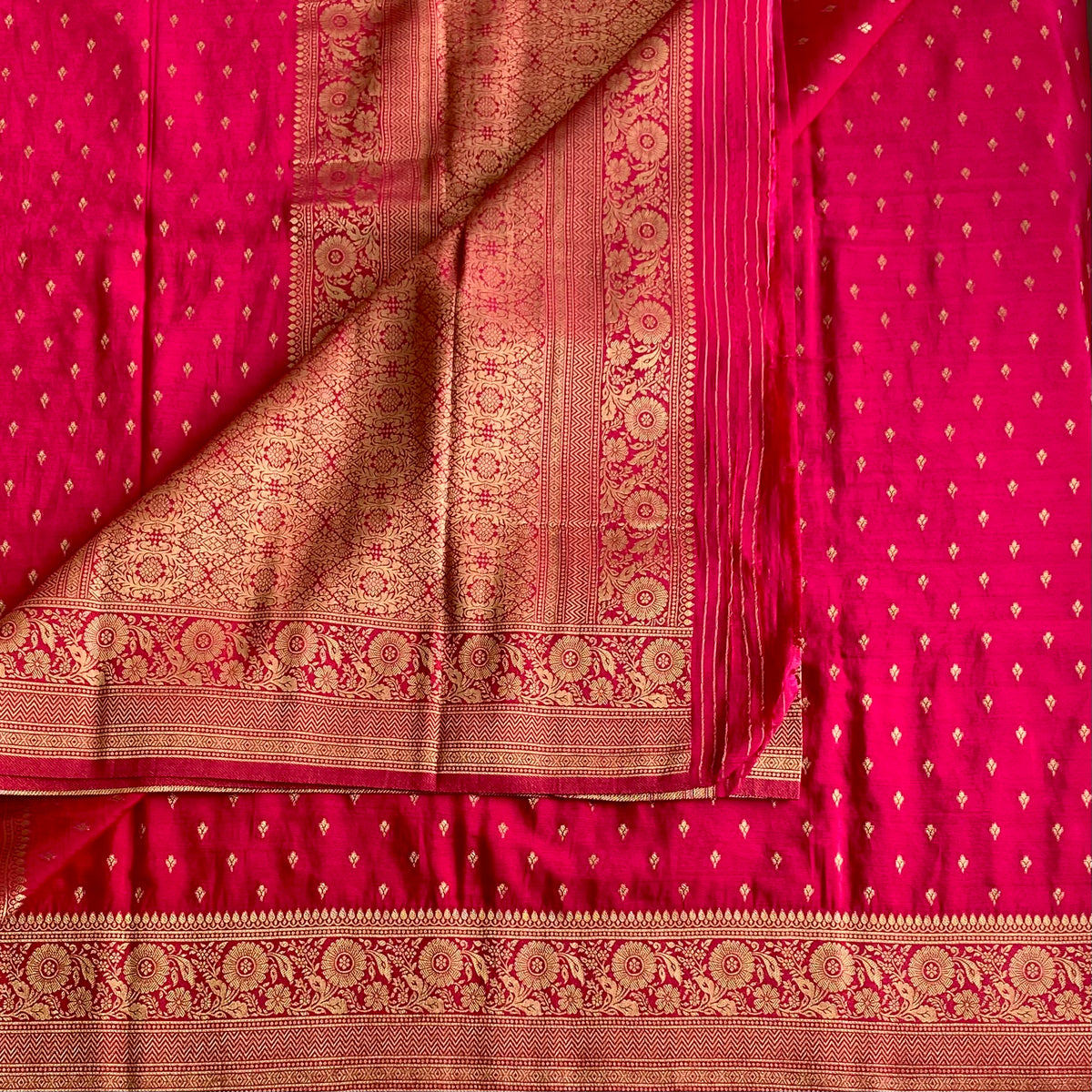 Rani Pink Soft Crepe Silk Saree With Metallic Gold Brocade Pallu