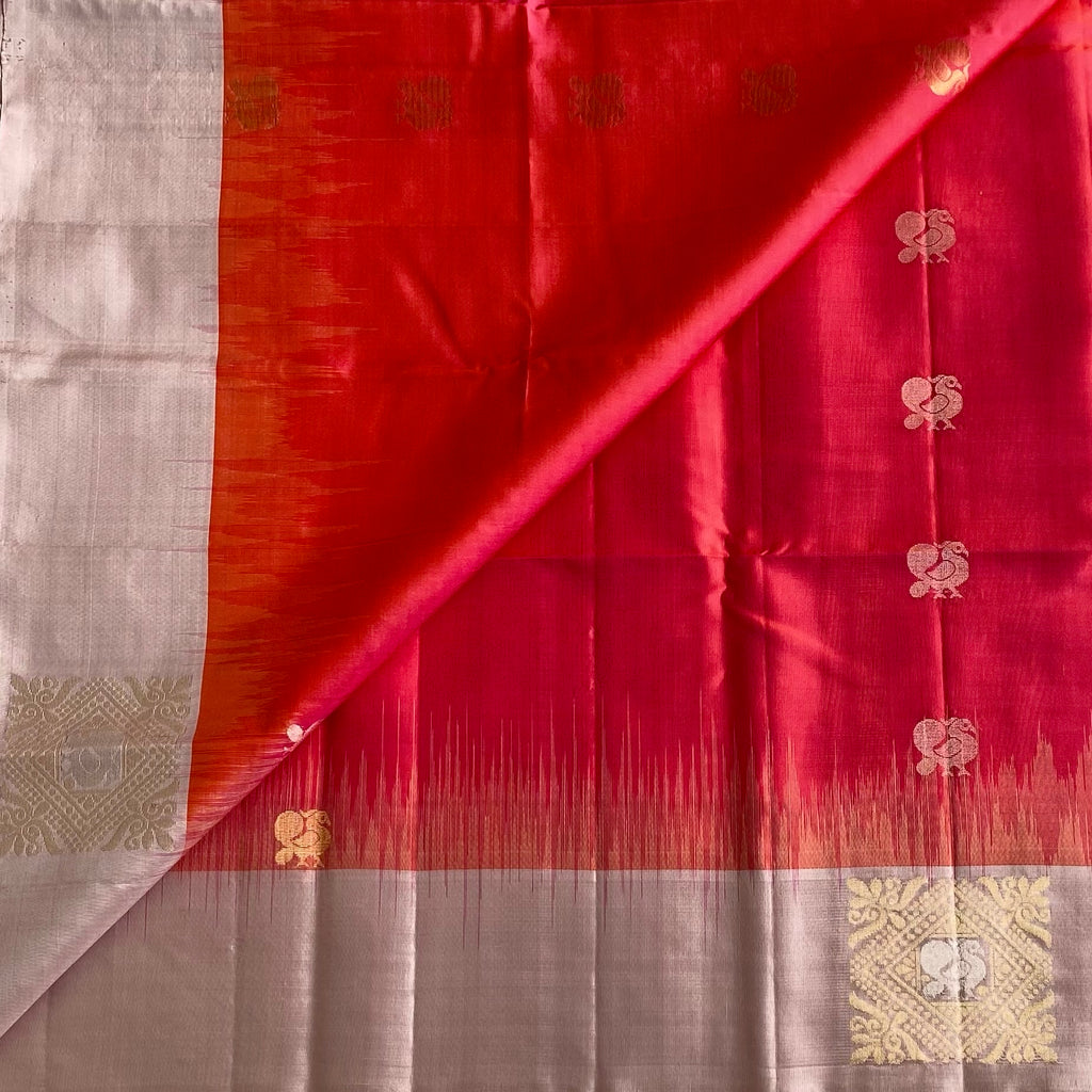 Vibrant Kanakambari Pinkish Red with Metallic Dusty Mauve Designer Pure Silk