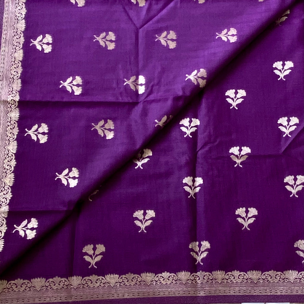 Royal Purple Brocade Saree Antique Gold Floral Border Tassel Pallu