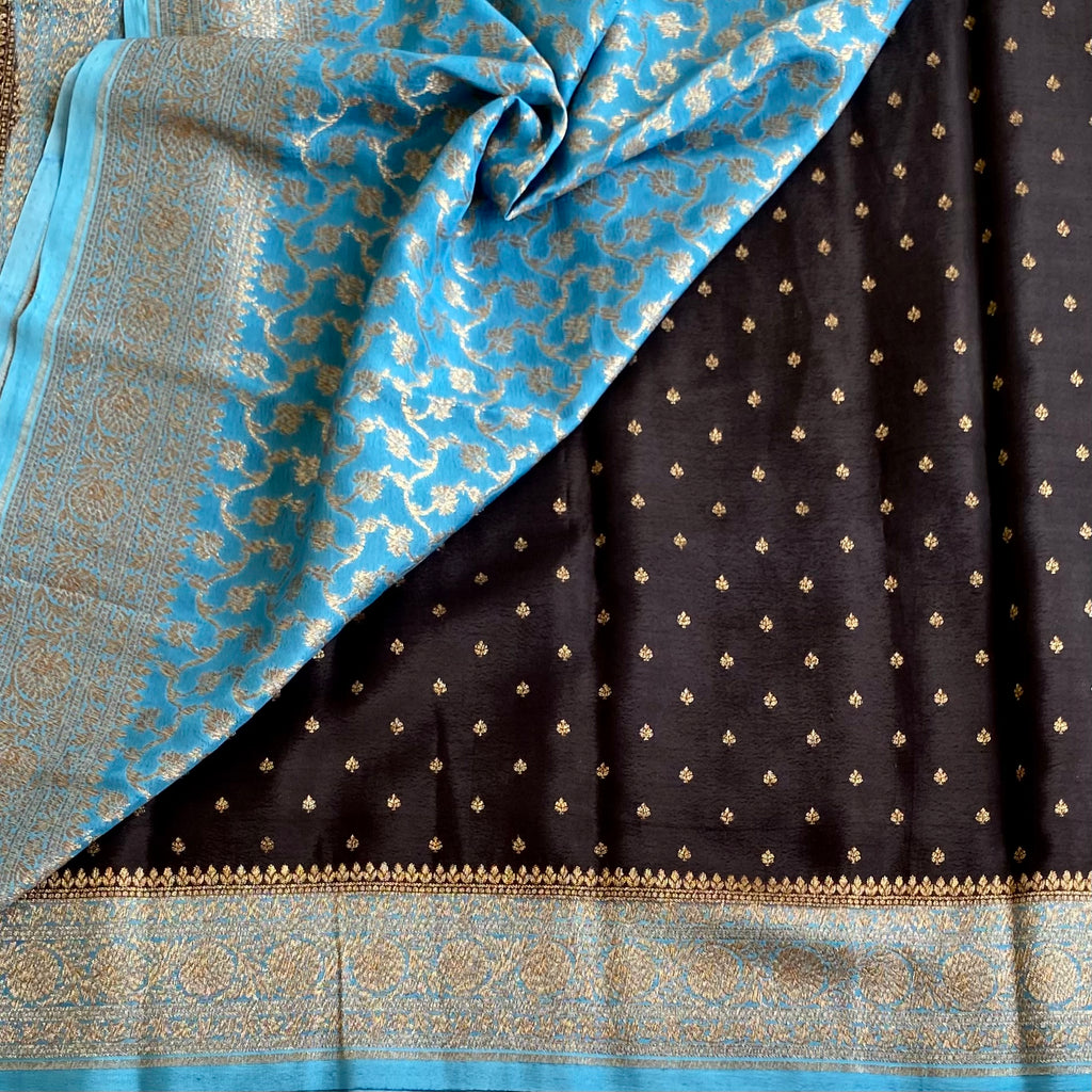 Jet Black Banarasi Crepe Silk Saree With Turquoise Pallu And Gold Border