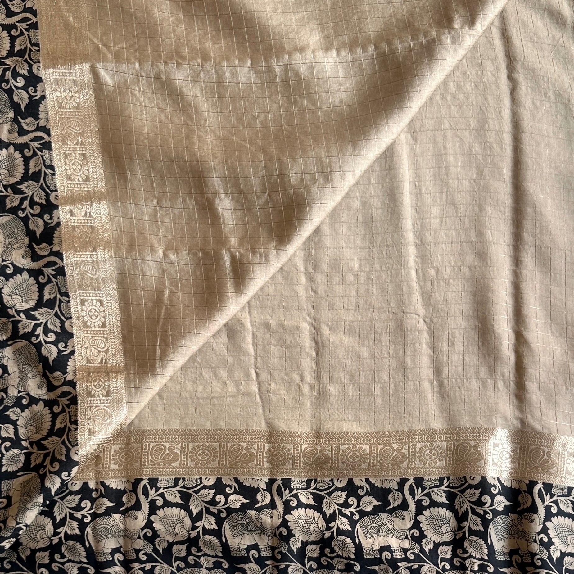 Champagne Beige Softest tussar with kalamkari borders