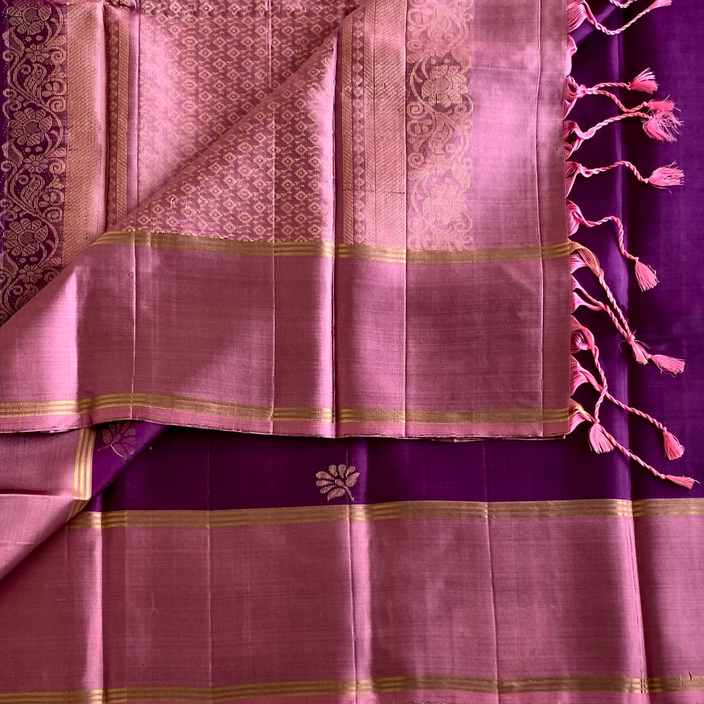 Plum Purple Designer Pure Silk Saree Dusty Rose Pallu Gold Zari Border