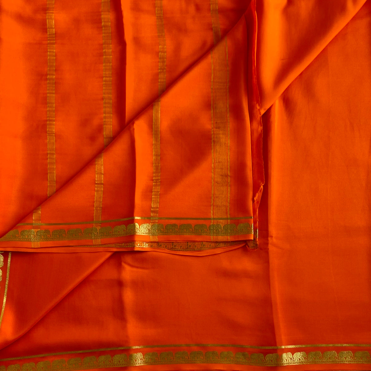 Tangerine Orange Mysore Crepe Silk Saree With Metallic Gold Stripes