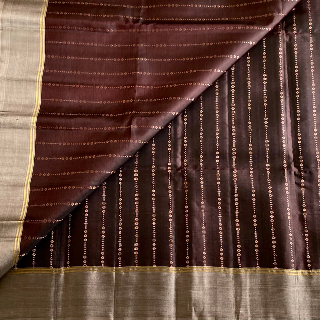 Dark Brown Designer Pure Silk Saree With Taupe Beige Pallu