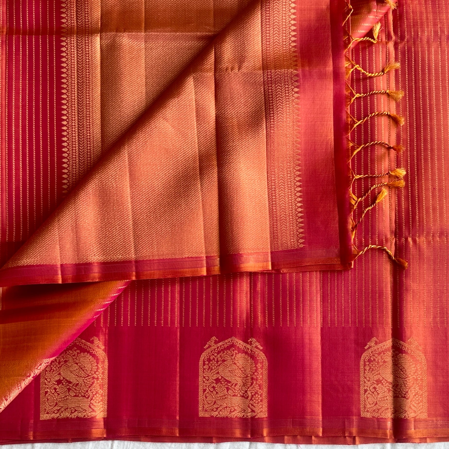 Coral Orange Silk Saree with Magenta Gold Zari Border Pallu