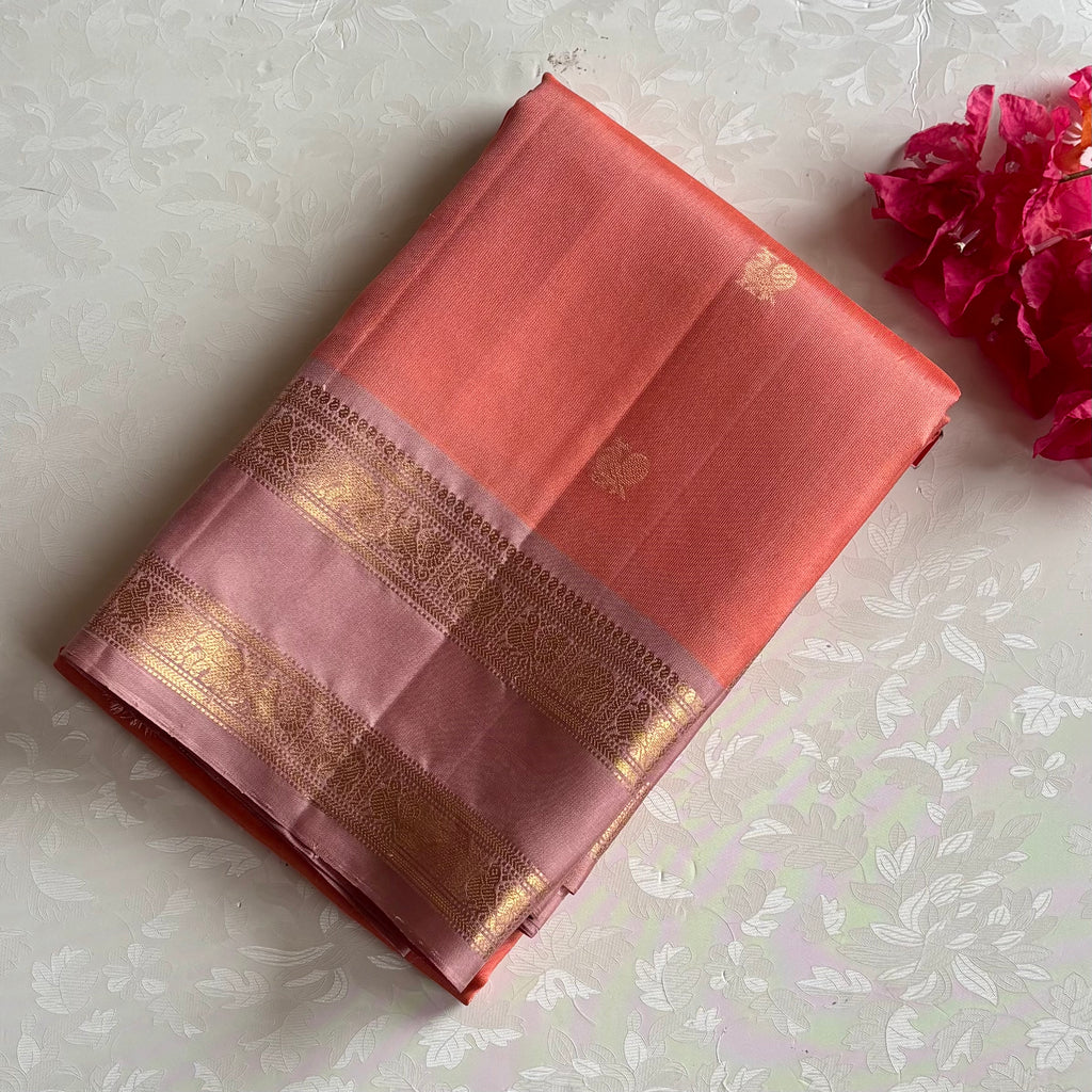 Coral Pink Designer Pure Silk Saree With Blush Pink Pallu