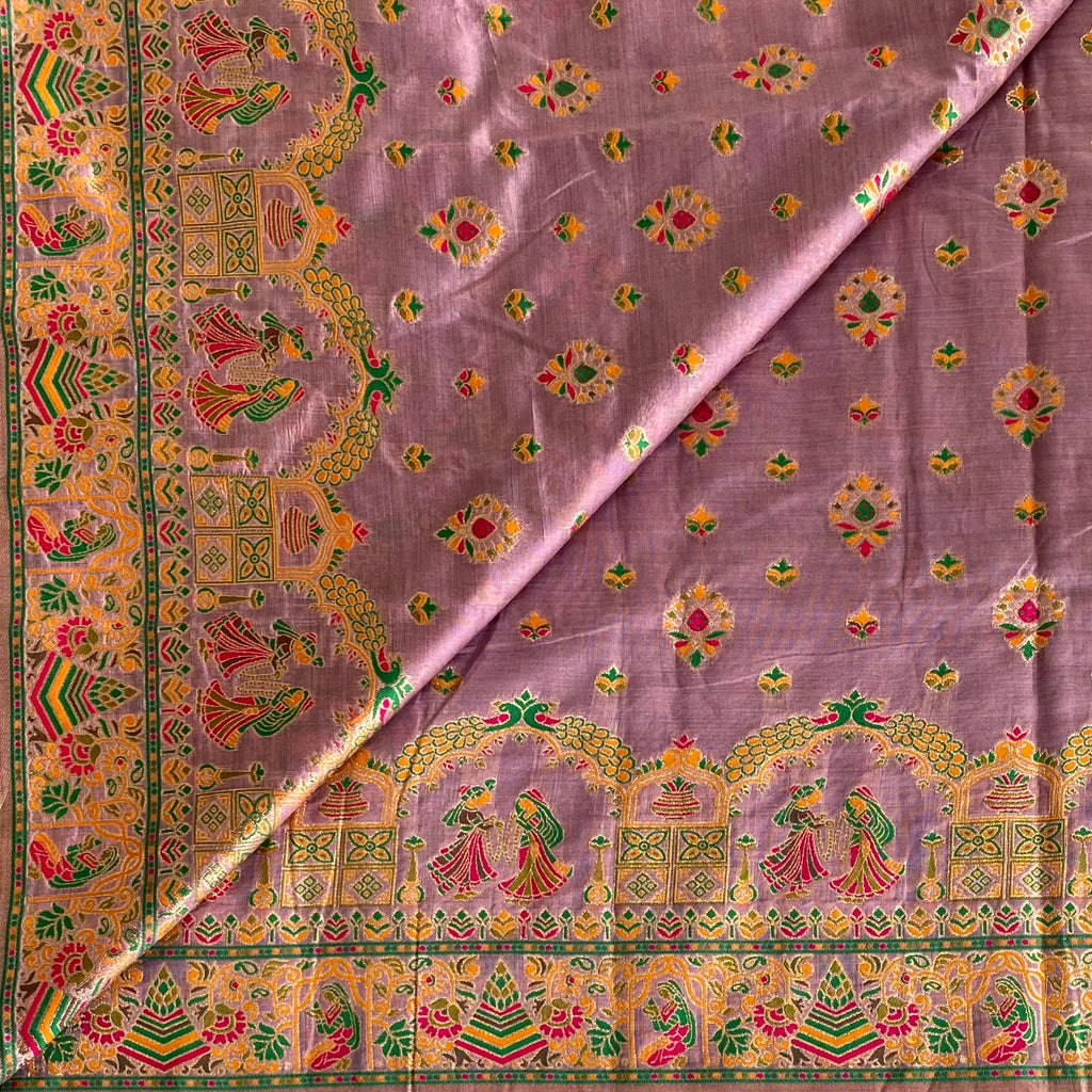 Lavender Rani Pink Soft Tussar Silk Saree With Gold Zari Border
