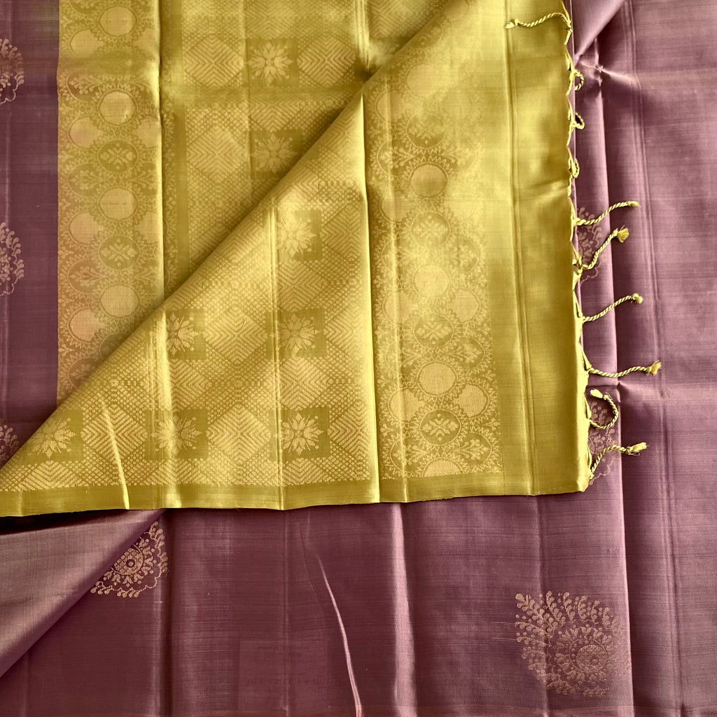 Dusty Mauve Designer Pure Silk Saree With Pastel Lime Green Pallu