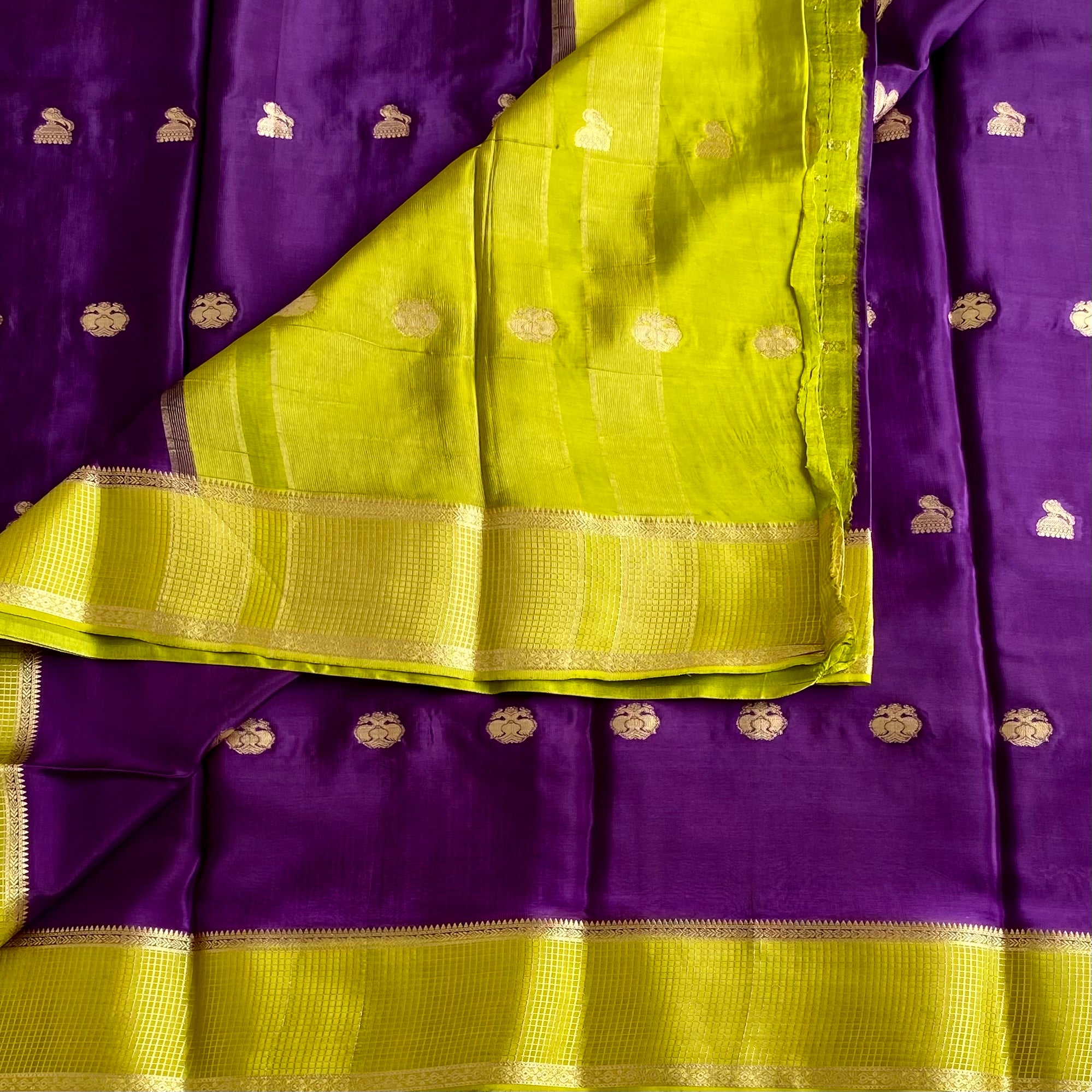 Royal Purple Soft Crepe Silk Saree With Lime Green Pallu