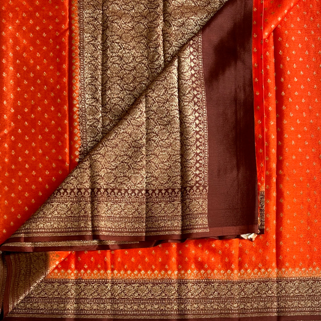 Rust orange with Wine Brown Banarasi Soft Crepe Silk