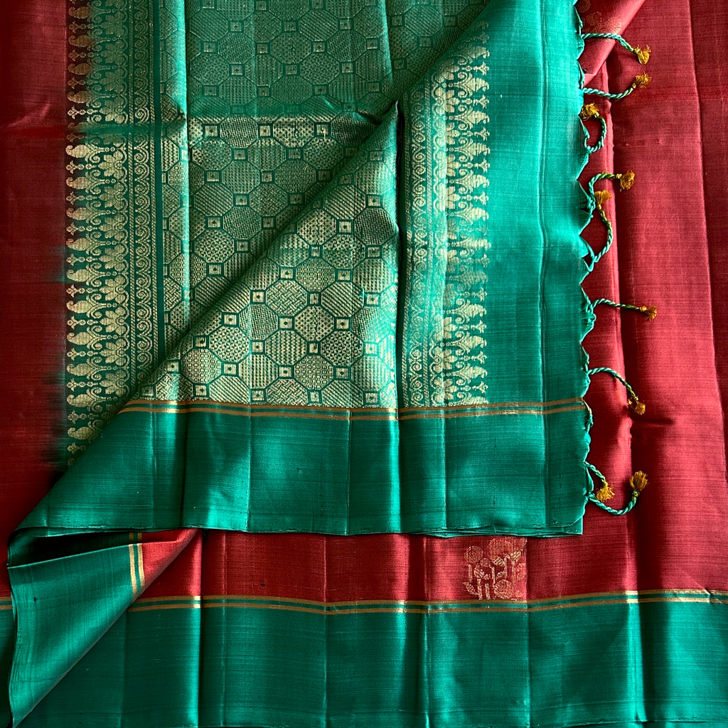 Teal Maroon Silk Saree Gold Zari Geometric Pallu Traditional Wear