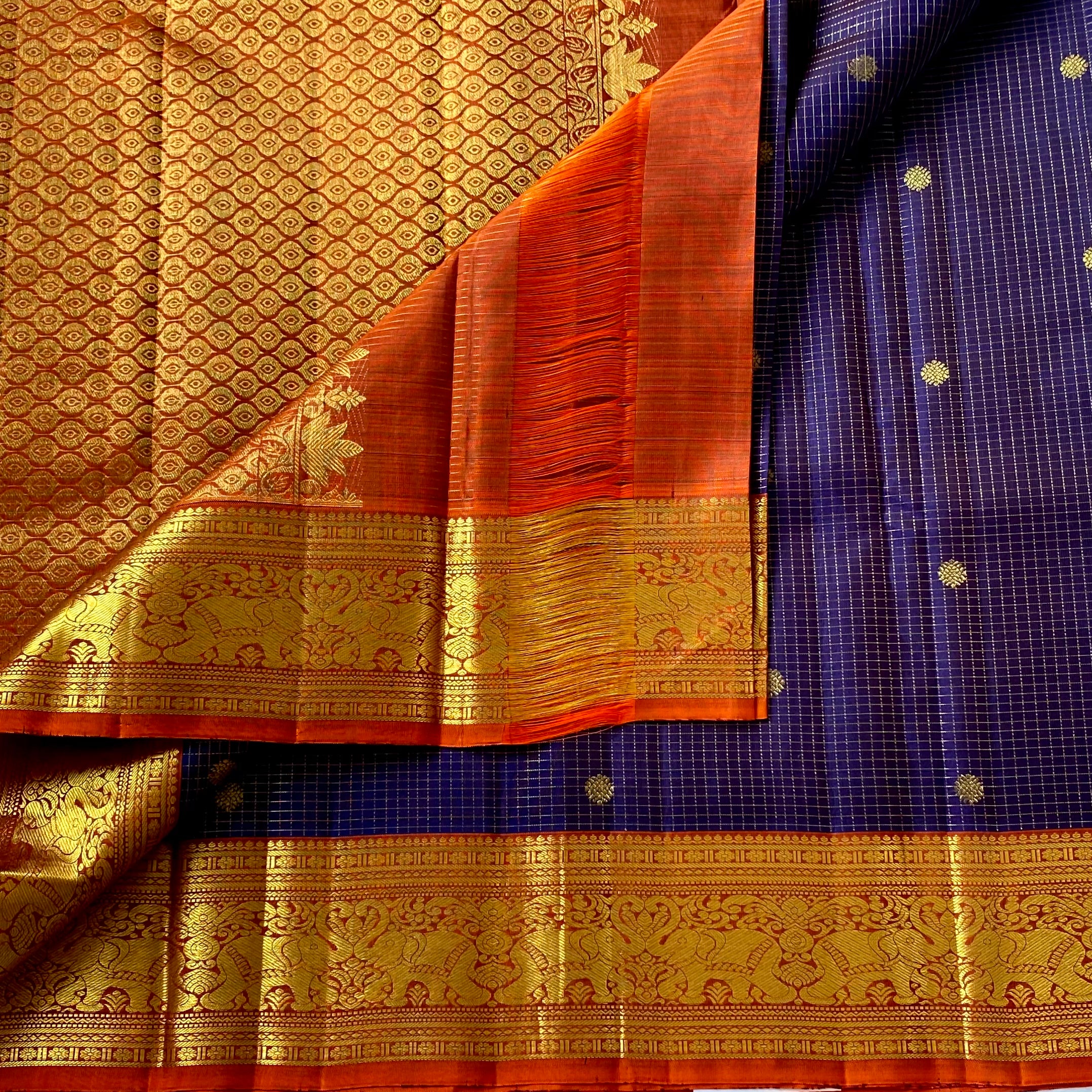 Indigo Classic vintage combination with rust tiny checkered pure Kanjeevaram