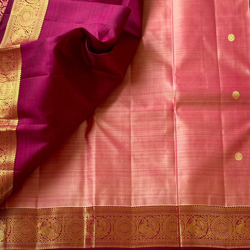Peach Pink Saree with Deep Maroon Pallu and Gold Brocade