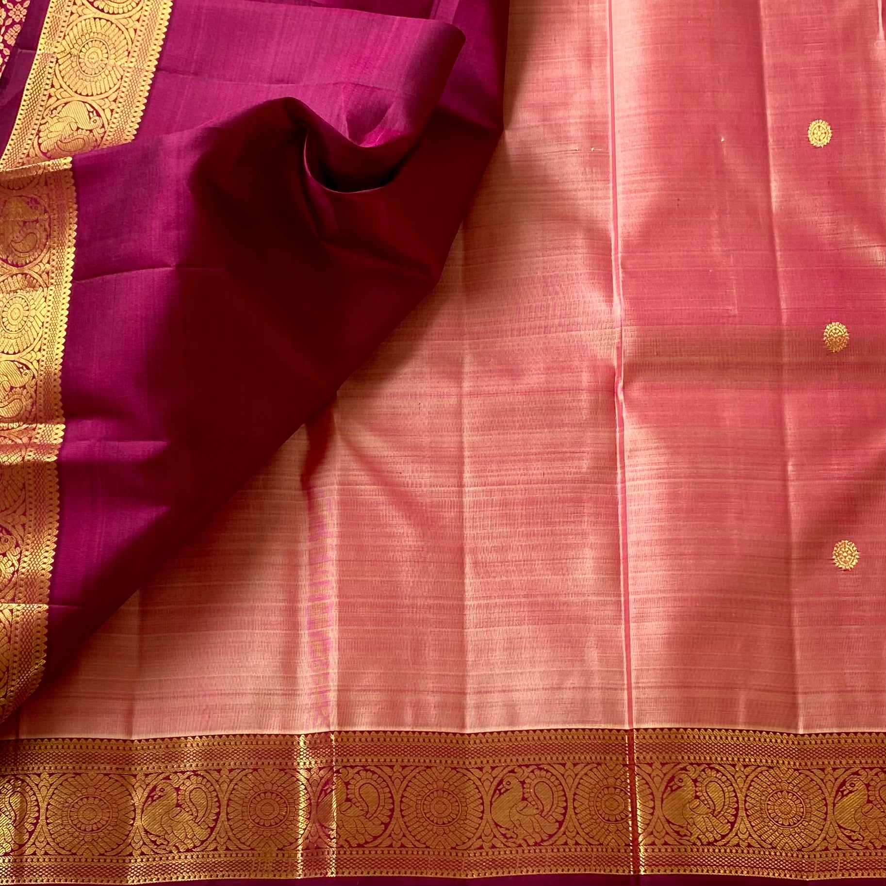 Peach Pink Saree with Deep Maroon Pallu and Gold Brocade