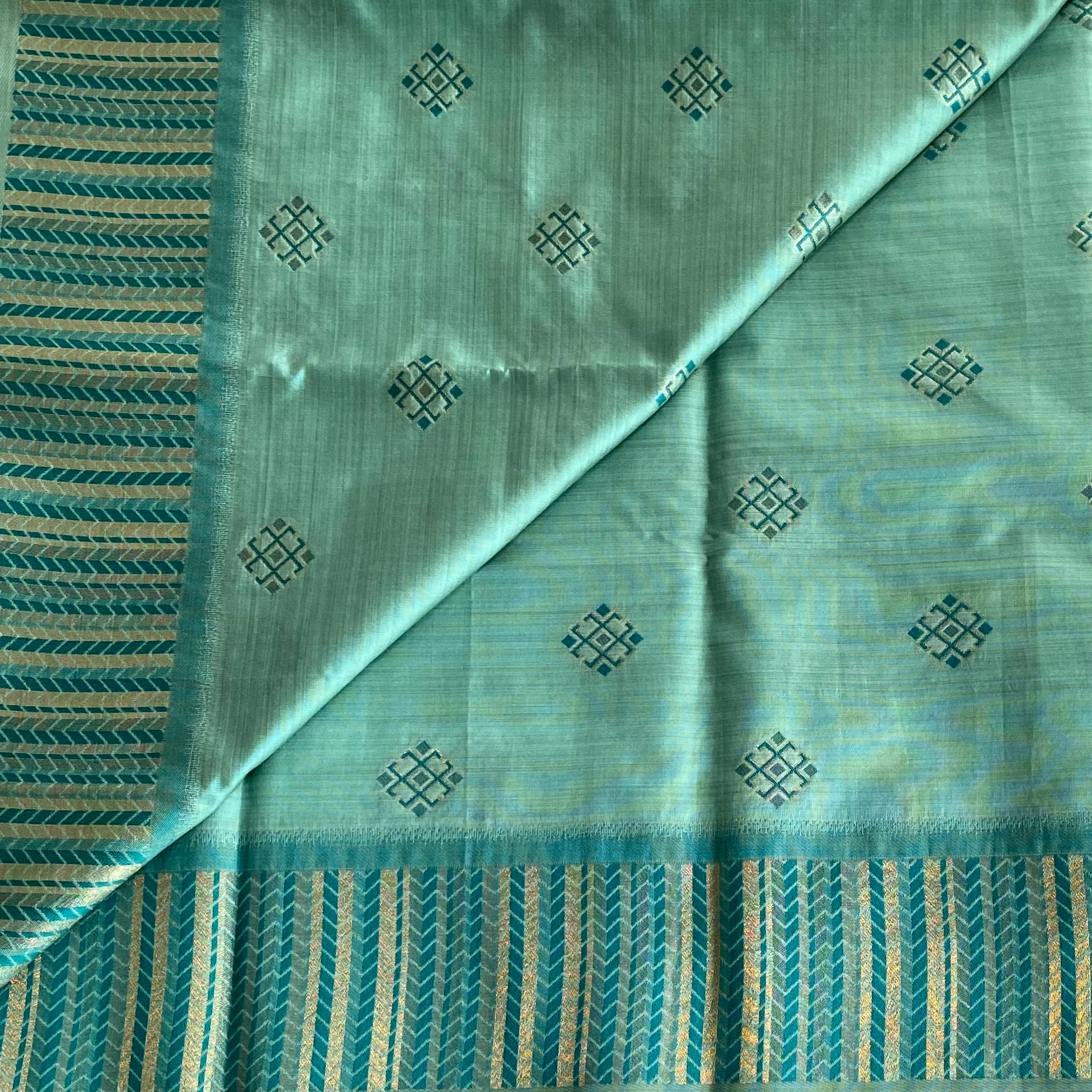 Elegant Mint Aqua Teal Chevron Zari Saree With Tassel Pallu
